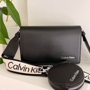 Calvin Klein Black Leather Crossbody Bag with Logo Strap